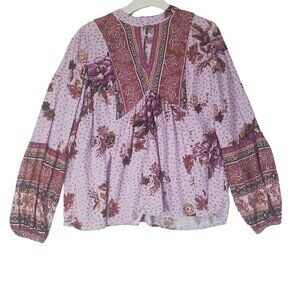 MAURICES Womens Blouse Medium Mix Media Purple Floral Boho‎ V-Neck Long Sleeves